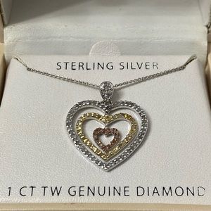 NWT sterling Silver tri color heart necklace.